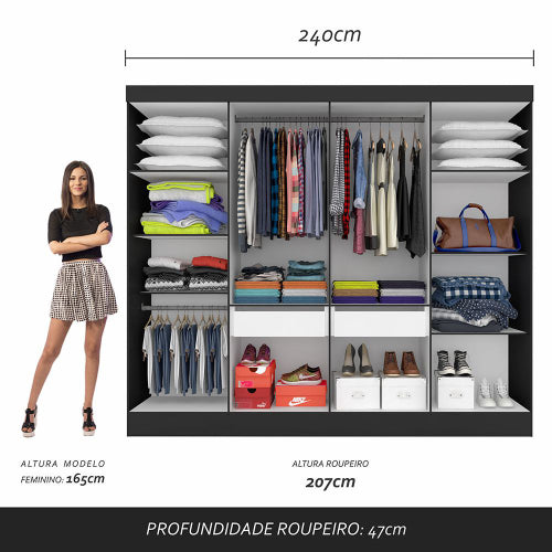 Guarda Roupa Casal Mayra 8 Portas Preto Fosco - Moveis Arapongas