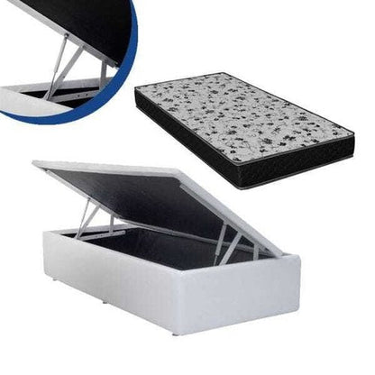 Cama Box Baú Solteiro Conforto Sintético Branco + Colchão Solteiro Conforto Espuma D33 com Eps 14x88 Branco Liso