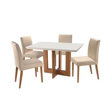 Conjunto de Mesa de Jantar com 4 Cadeiras Talia Veludo Off White e Creme