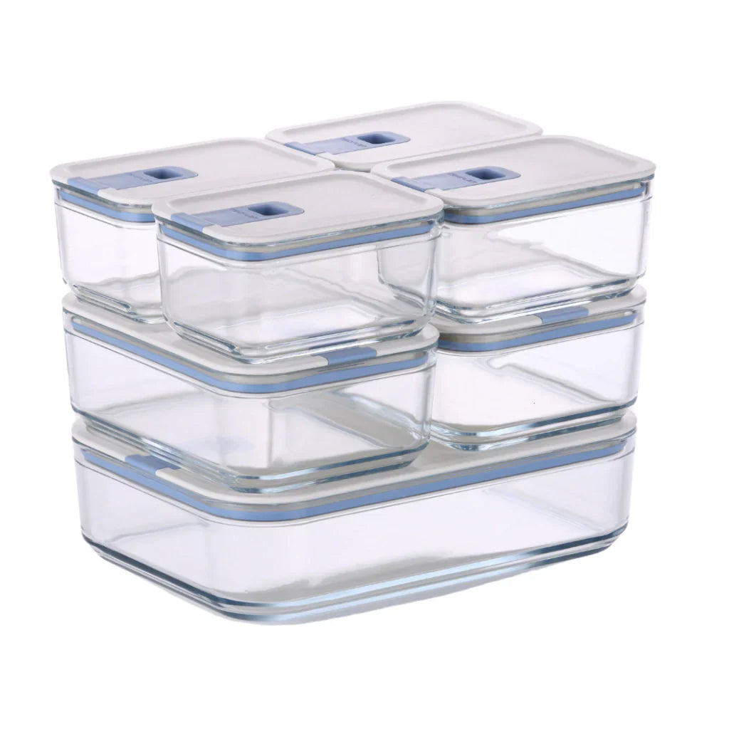 Conjunto de Potes de Vidro Herméticos Retangulares - 7 Unidades - Tampa com Alavanca - Perfect Seal