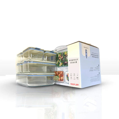 Conjunto de Potes de Vidro Herméticos Retangulares - 7 Unidades - Tampa com Alavanca - Perfect Seal