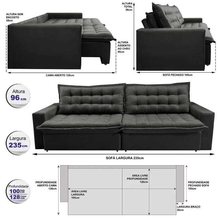 Sofá Retrátil Reclinável e Cama 2,35m Cama inBox Flex Suede Velusoft Cinza